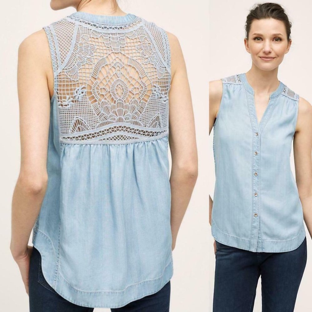 NWT Anthropologie Holding Horses Lorna Boho Blue Chambray Sleeveless Top…